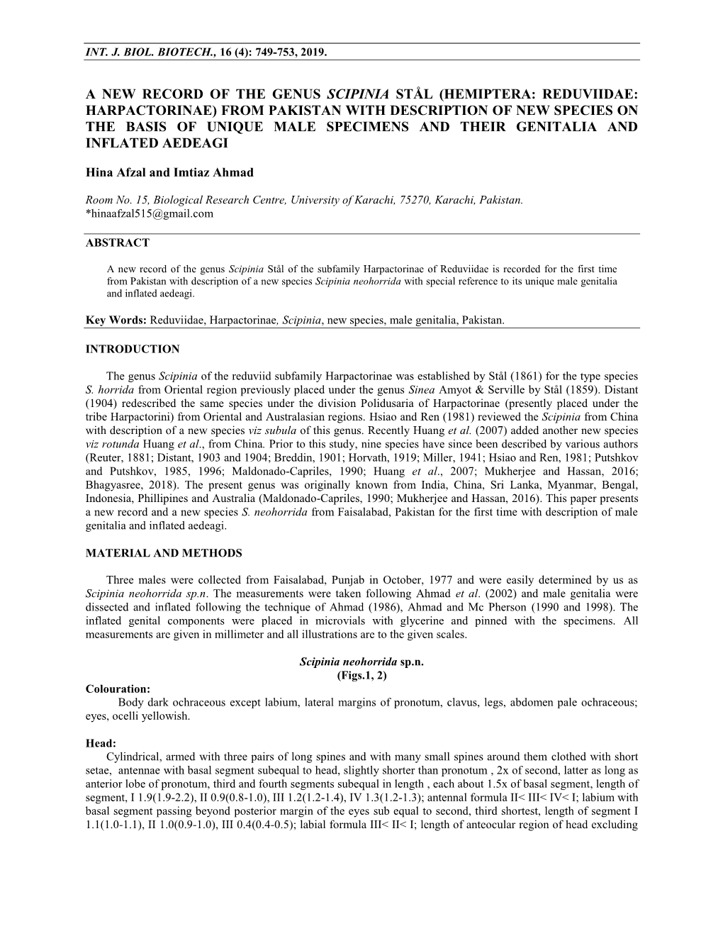 Hemiptera: Reduviidae: Harpactorinae) from Pakistan with Description of New Species on the Basis of Unique Male Specimens and Their Genitalia and Inflated Aedeagi