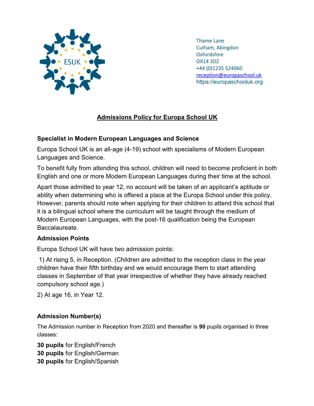 Admissions Policy for Europa School UK Specialist in Modern European