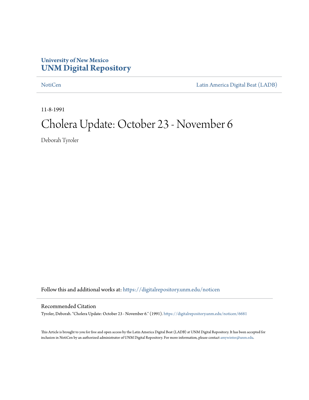 Cholera Update: October 23 - November 6 Deborah Tyroler