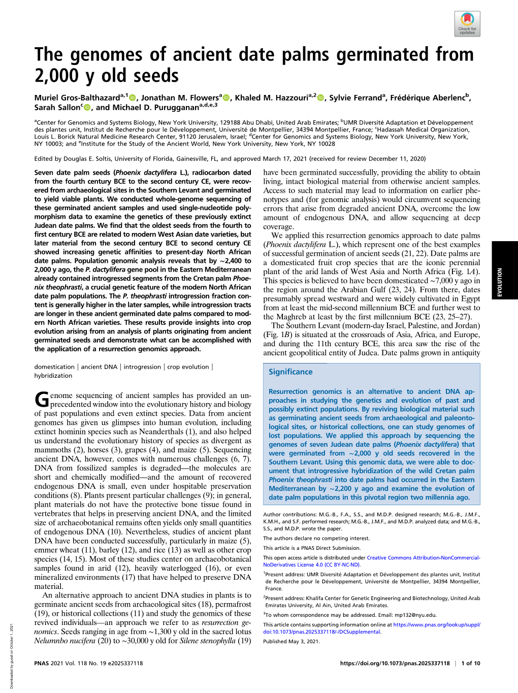 The Genomes of Ancient Date Palms Germinated from 2,000 Y Old Seeds