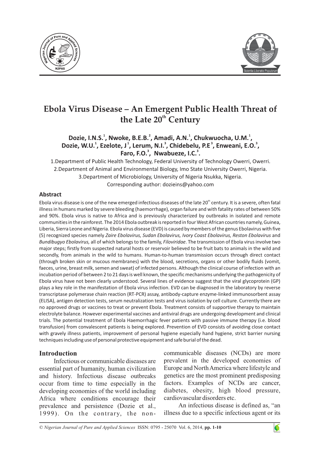 Ebola Virus Disease – an Emergent Public Health Threat of the Late 20Th Century