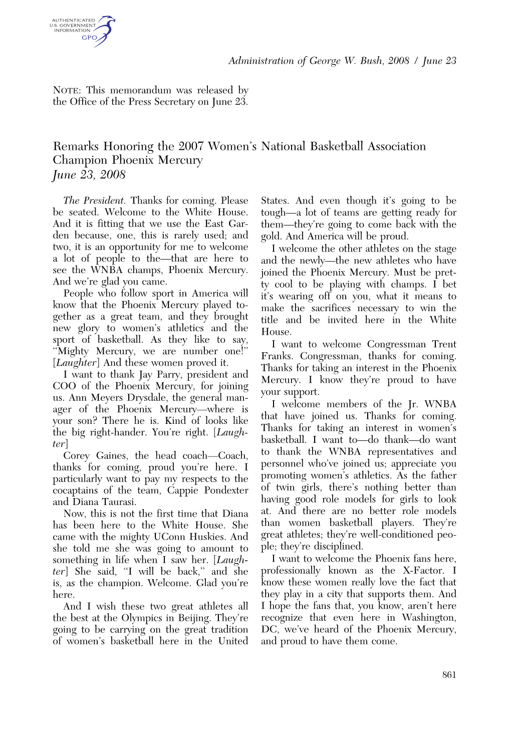 Remarks Honoring the 2007 Women's National Basketball Association