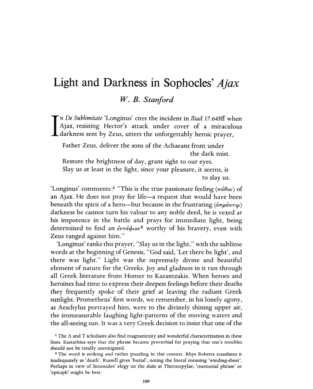 Light and Darkness in Sophocles' Ajax W