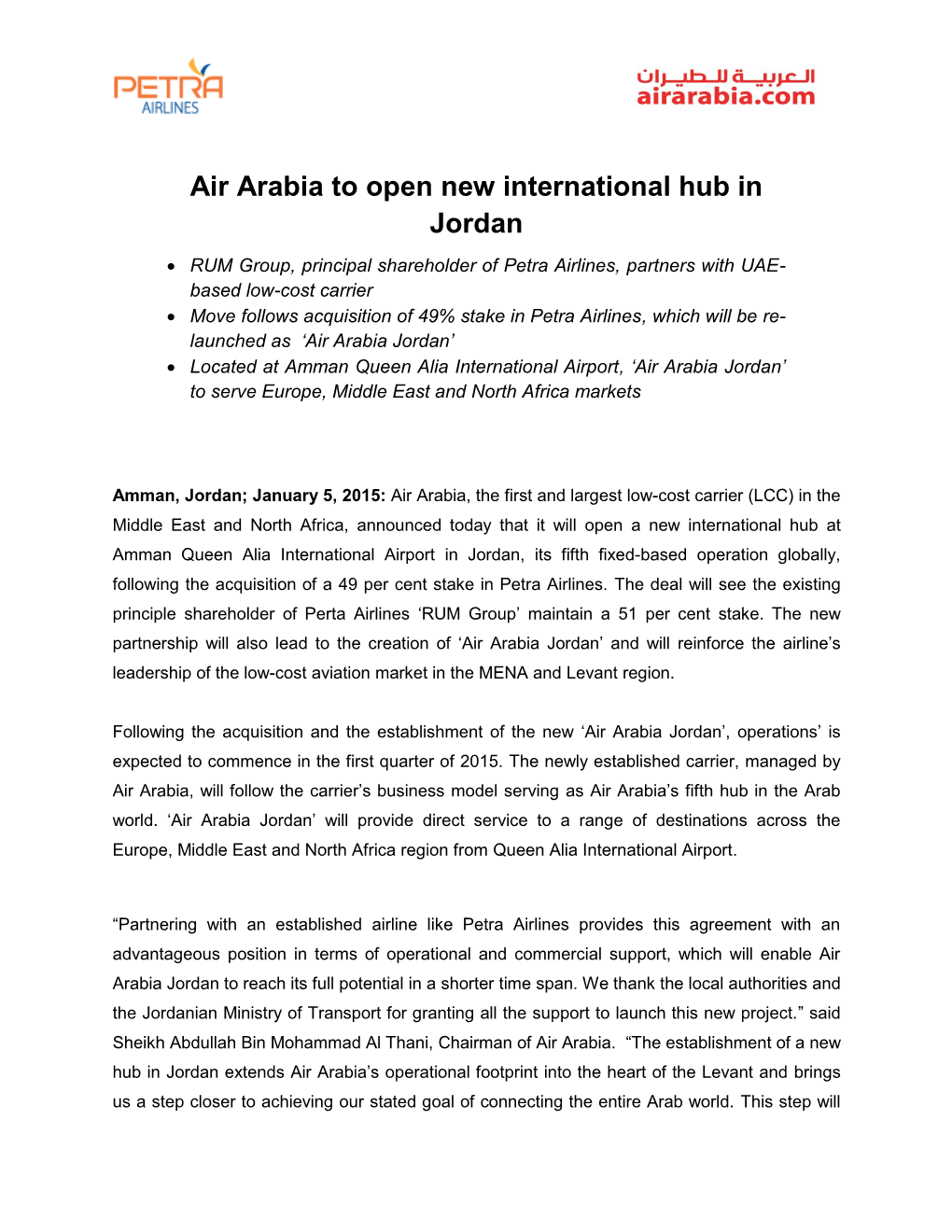 Air Arabia to Open New International Hub in Jordan