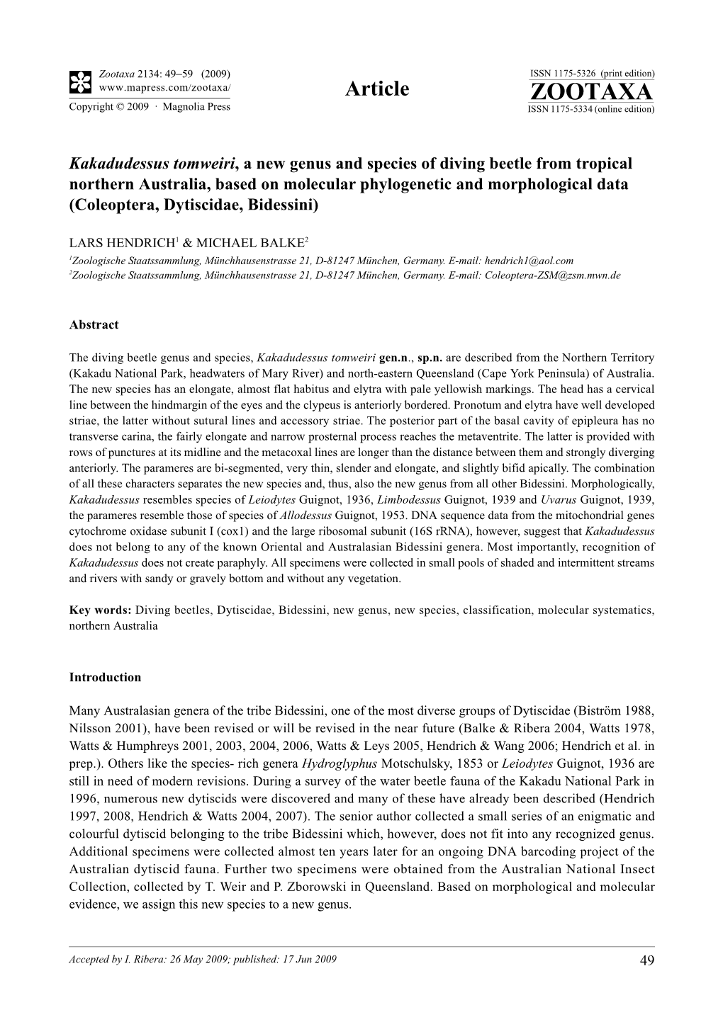 Zootaxa, Kakadudessus Tomweiri, a New Genus And