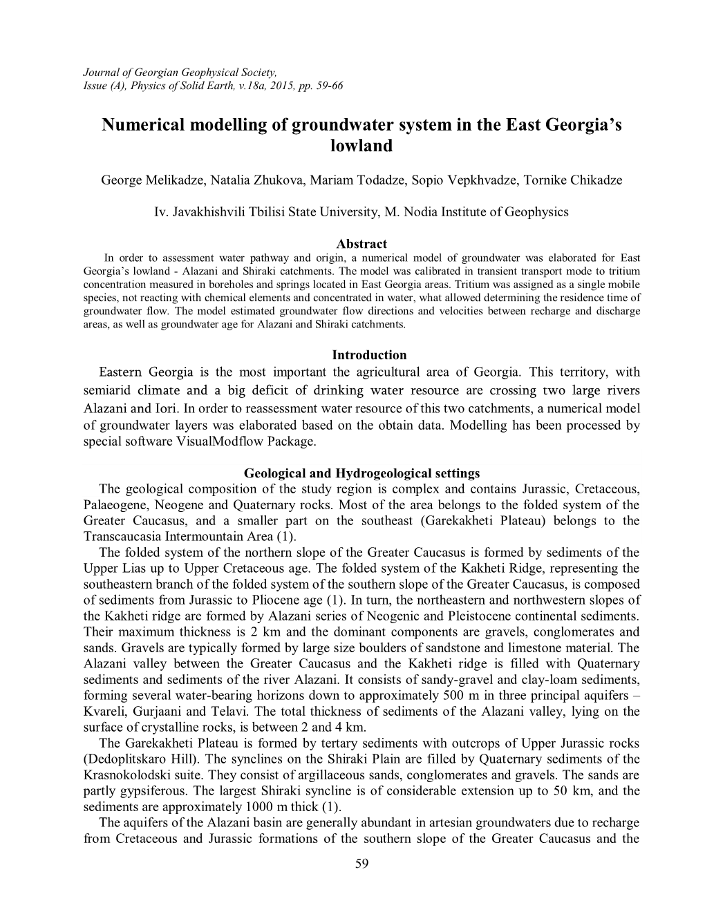 Journal of Georgian Geophysical Society, Issue (A), Physics of Solid Earth, V.18A, 2015, Pp