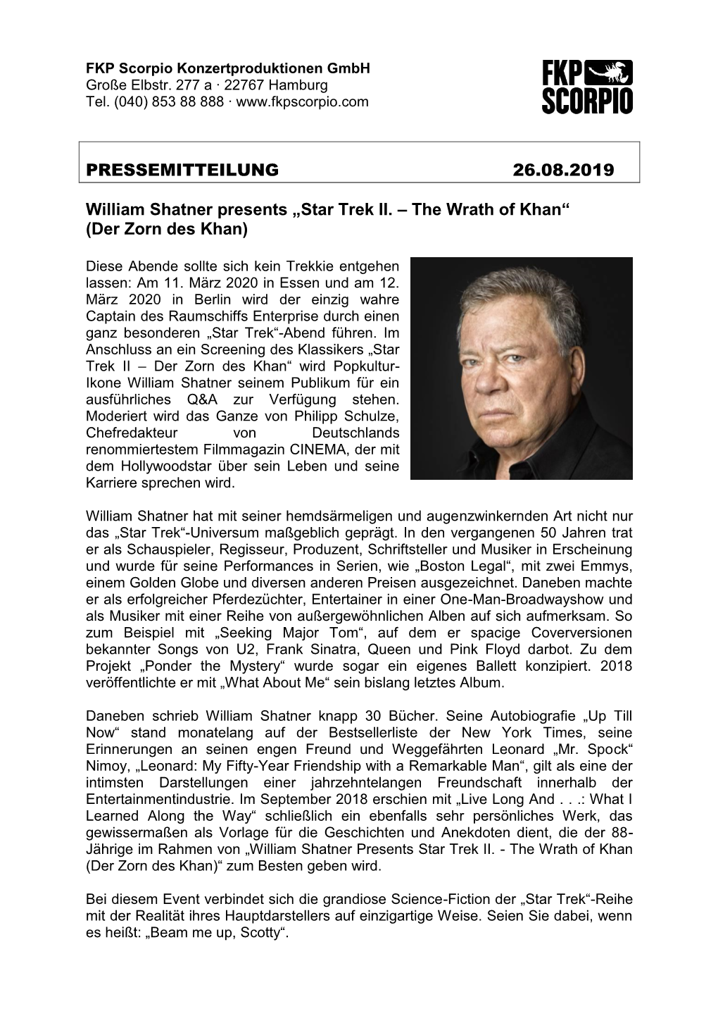 PRESSEMITTEILUNG 26.08.2019 William Shatner Presents „Star Trek