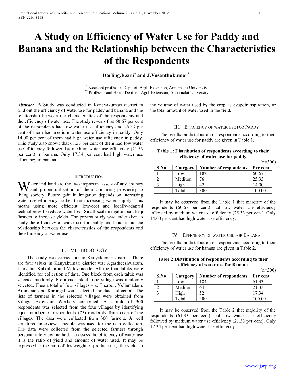 A Study on Efficiency of Water Use for Paddy and Banana and the Relationship Between the Characteristics of the Respondents