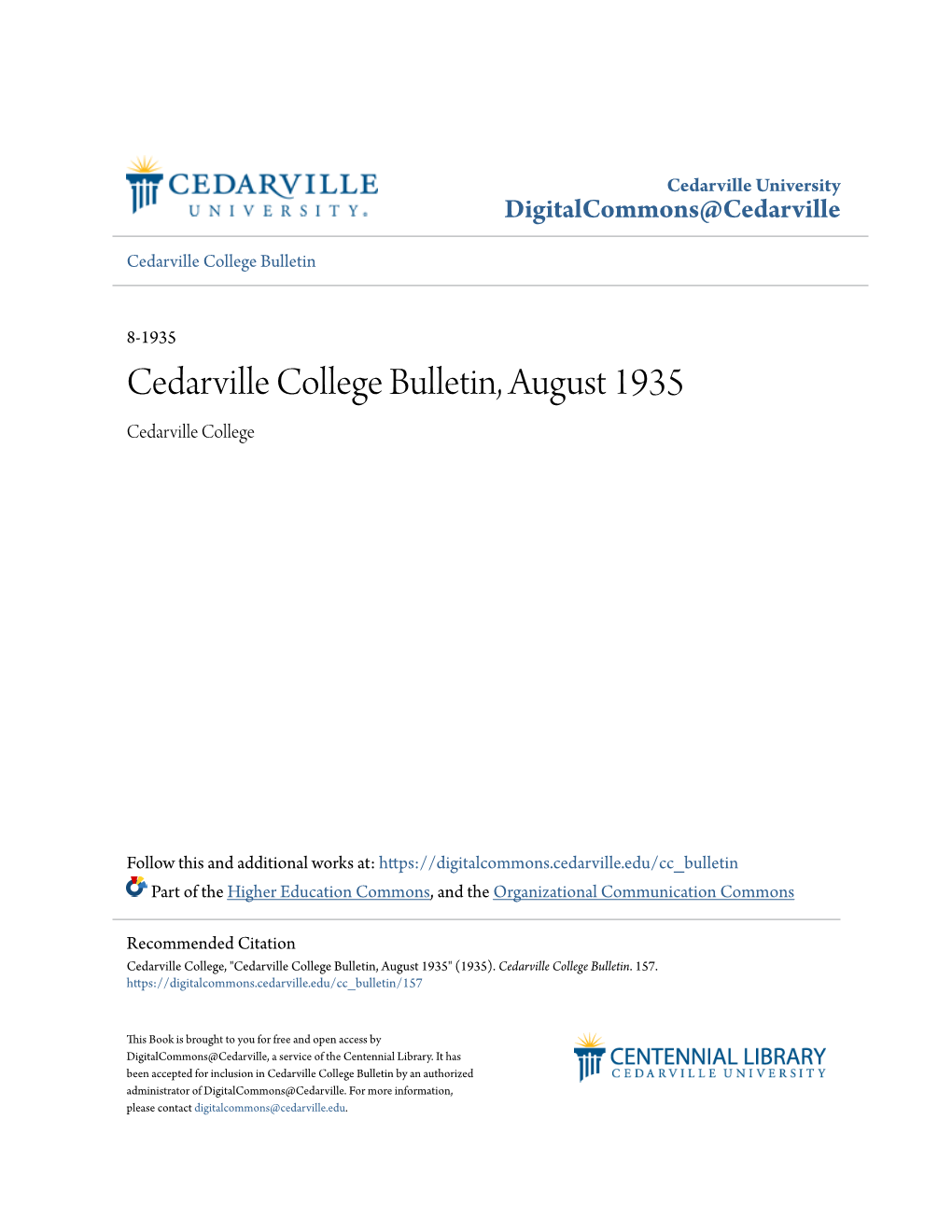 Cedarville College Bulletin, August 1935 Cedarville College