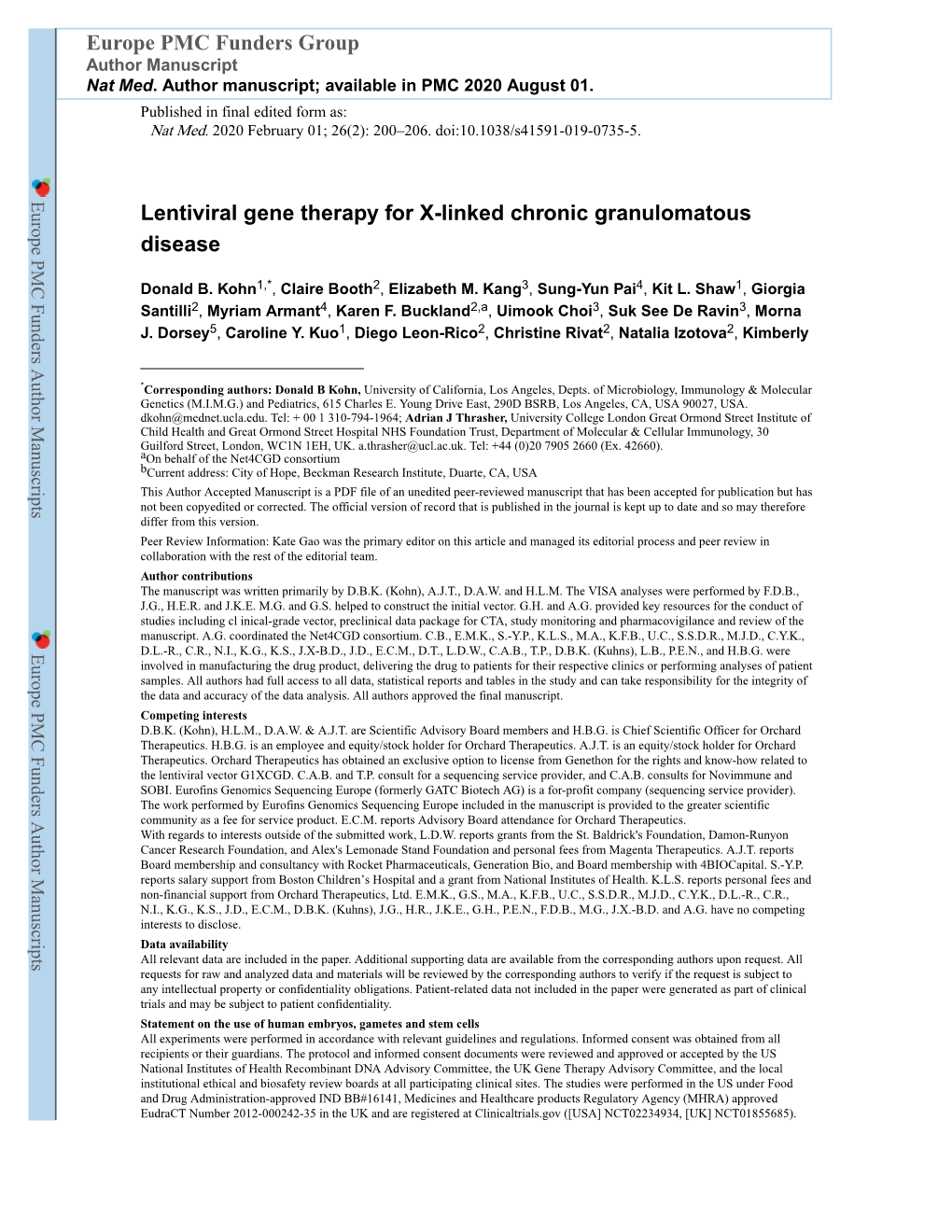 Lentiviral Gene Therapy for X-Linked Chronic Granulomatous Disease