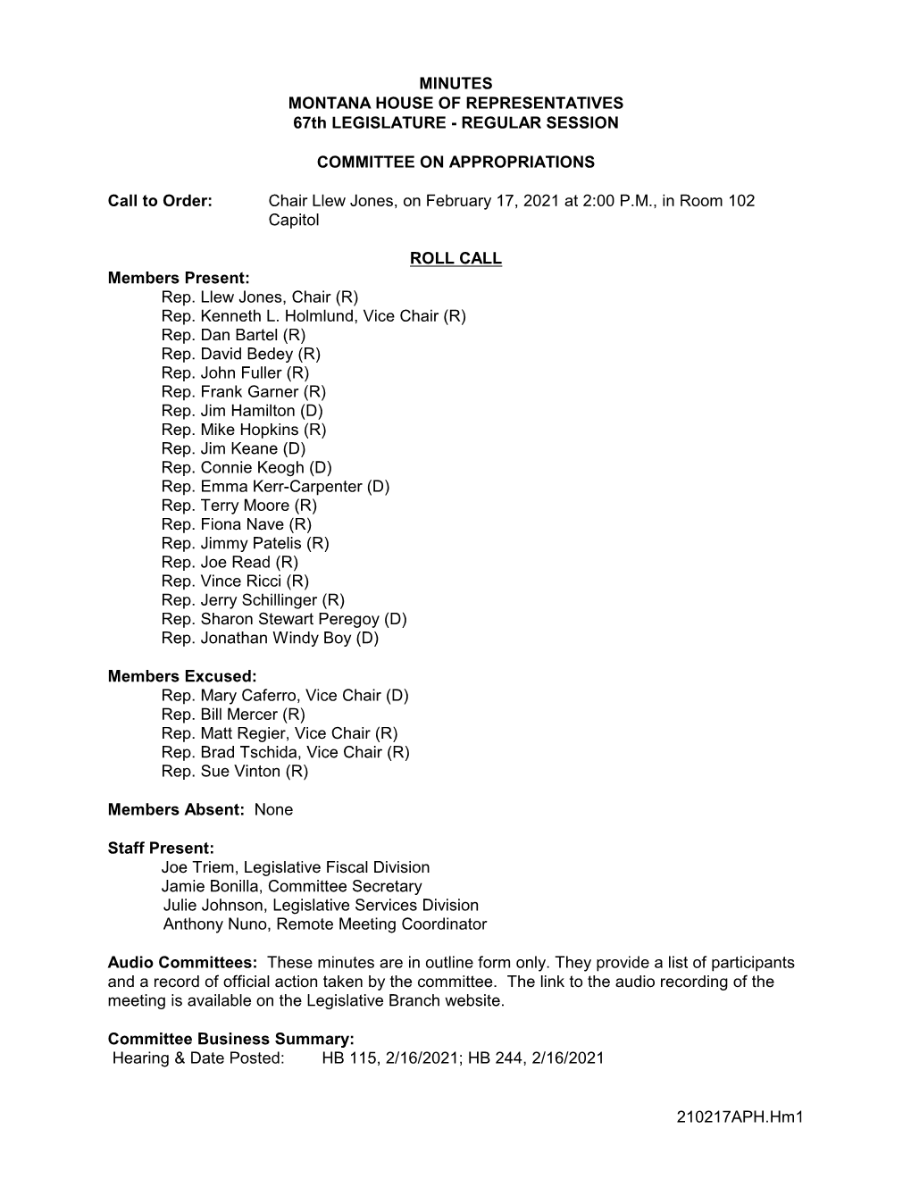 MINUTES MONTANA HOUSE of REPRESENTATIVES 67Th LEGISLATURE - REGULAR SESSION