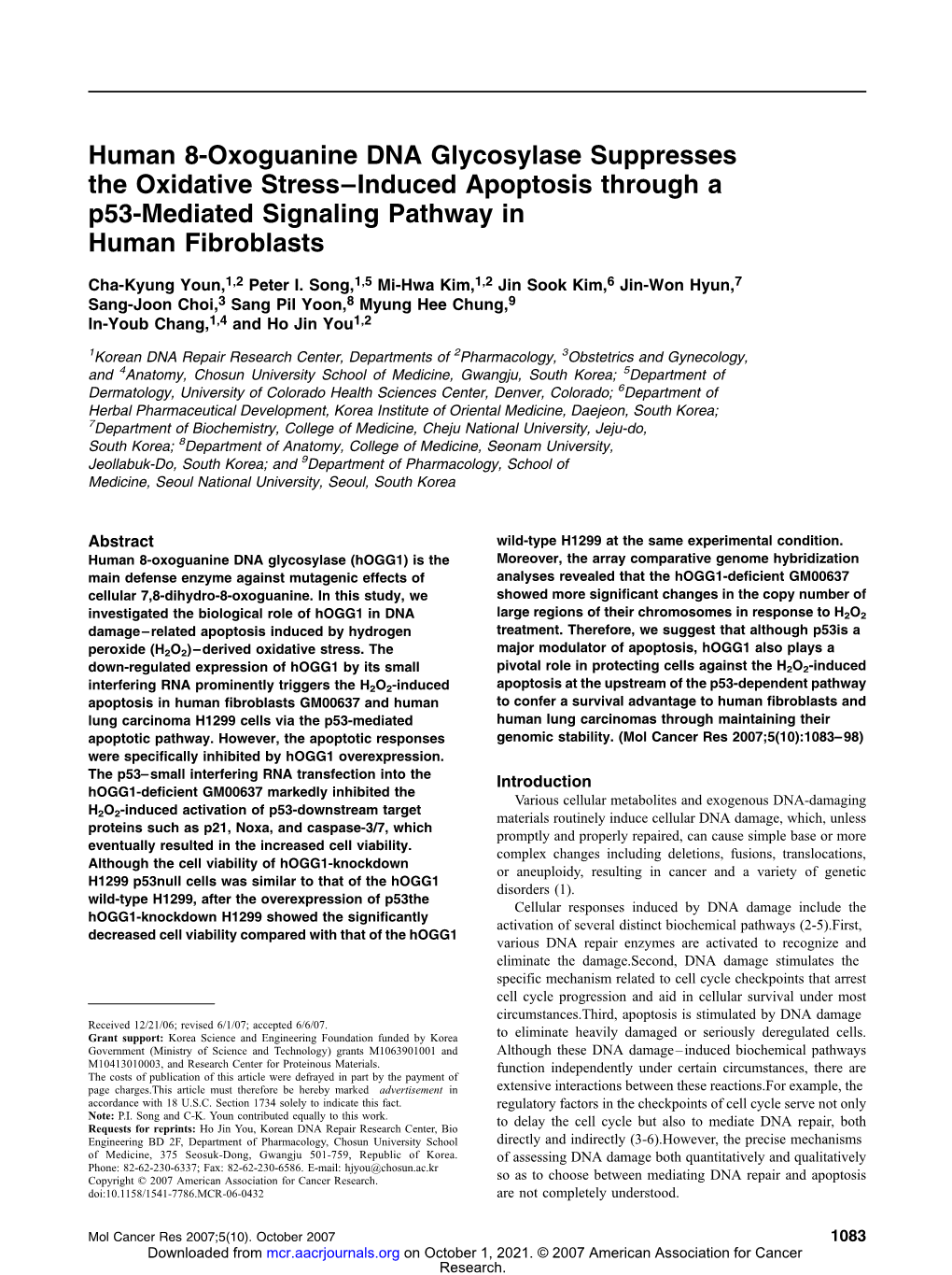 Human 8-Oxoguanine DNA Glycosylase Suppresses the Oxidative Stress–Induced Apoptosis Through a P53-Mediated Signaling Pathway in Human Fibroblasts