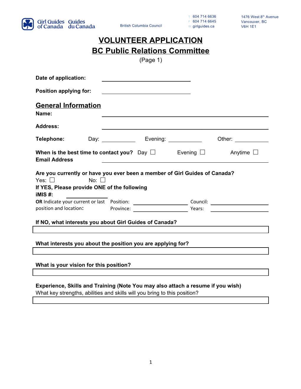 VOLUNTEER APPLICATION BC Public Relations Committee