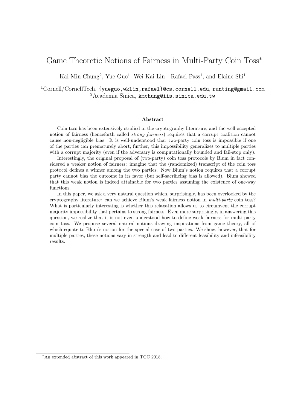 Game Theoretic Notions of Fairness in Multi-Party Coin Toss∗