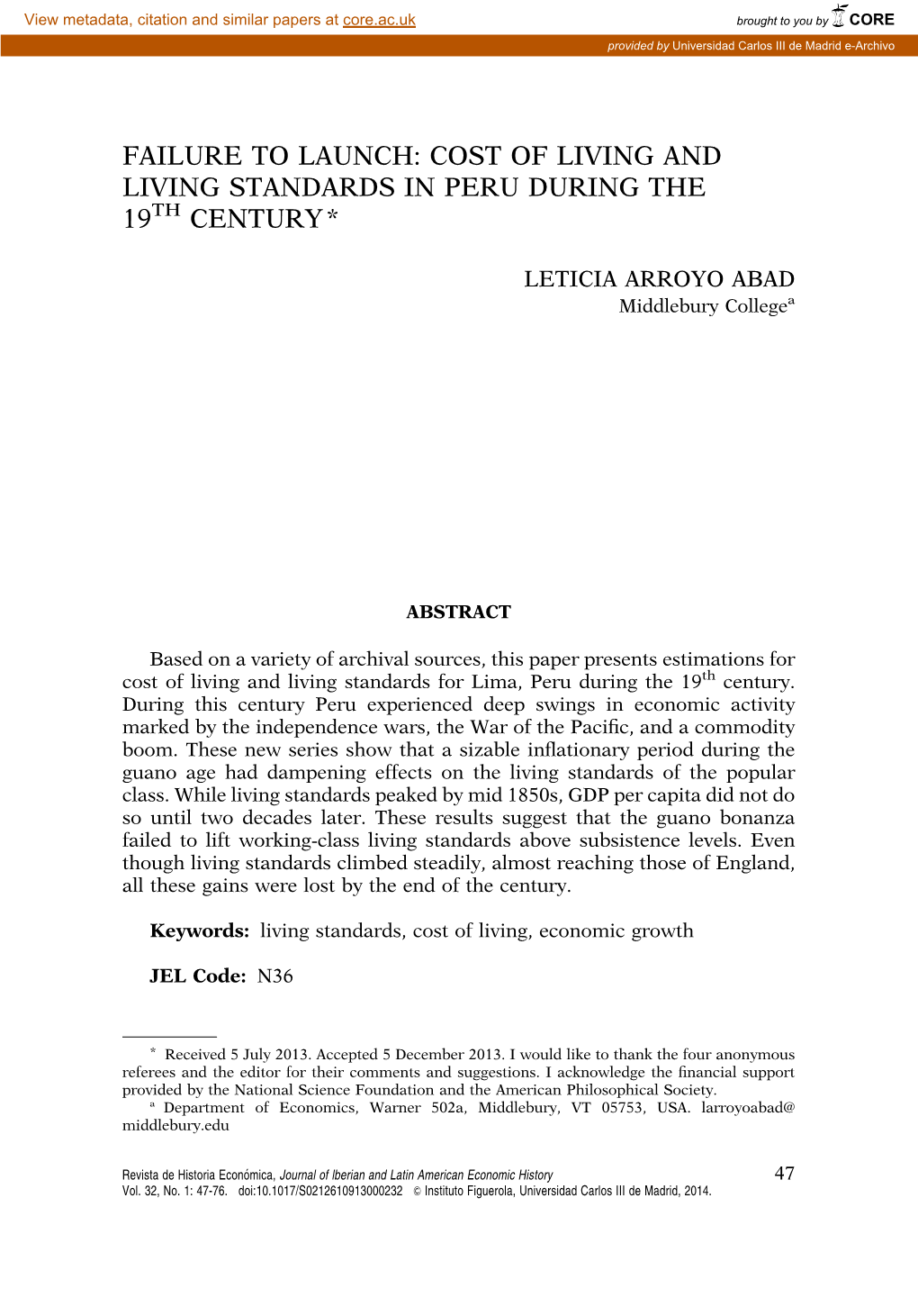 Cost of Living and Living Standards in Peru During the 19Th Century*