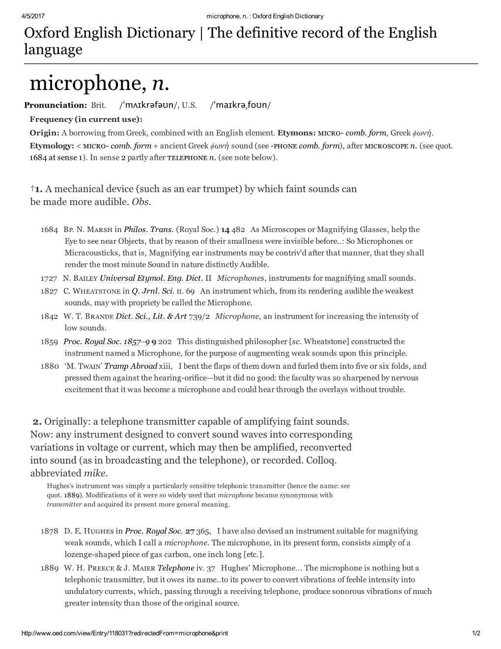 Microphone, N. : Oxford English Dictionary Oxford English Dictionary | the Definitive Record of the English Language Microphone, N