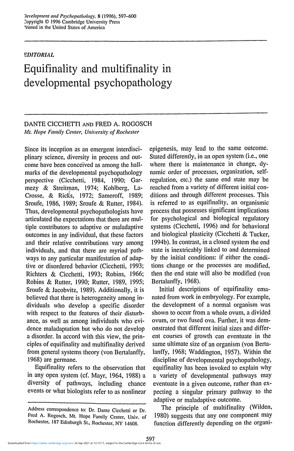 Equifinality and Multifinality in Developmental Psychopathology