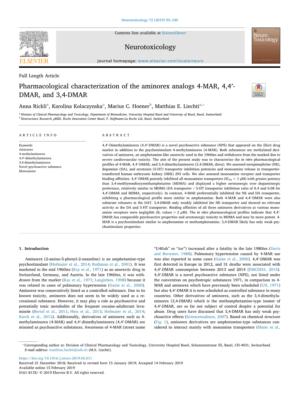 Pharmacological Characterization of the Aminorex Analogs 4-MAR, 4,4′- DMAR, and 3,4-DMAR T ⁎ Anna Ricklia, Karolina Kolaczynskaa, Marius C