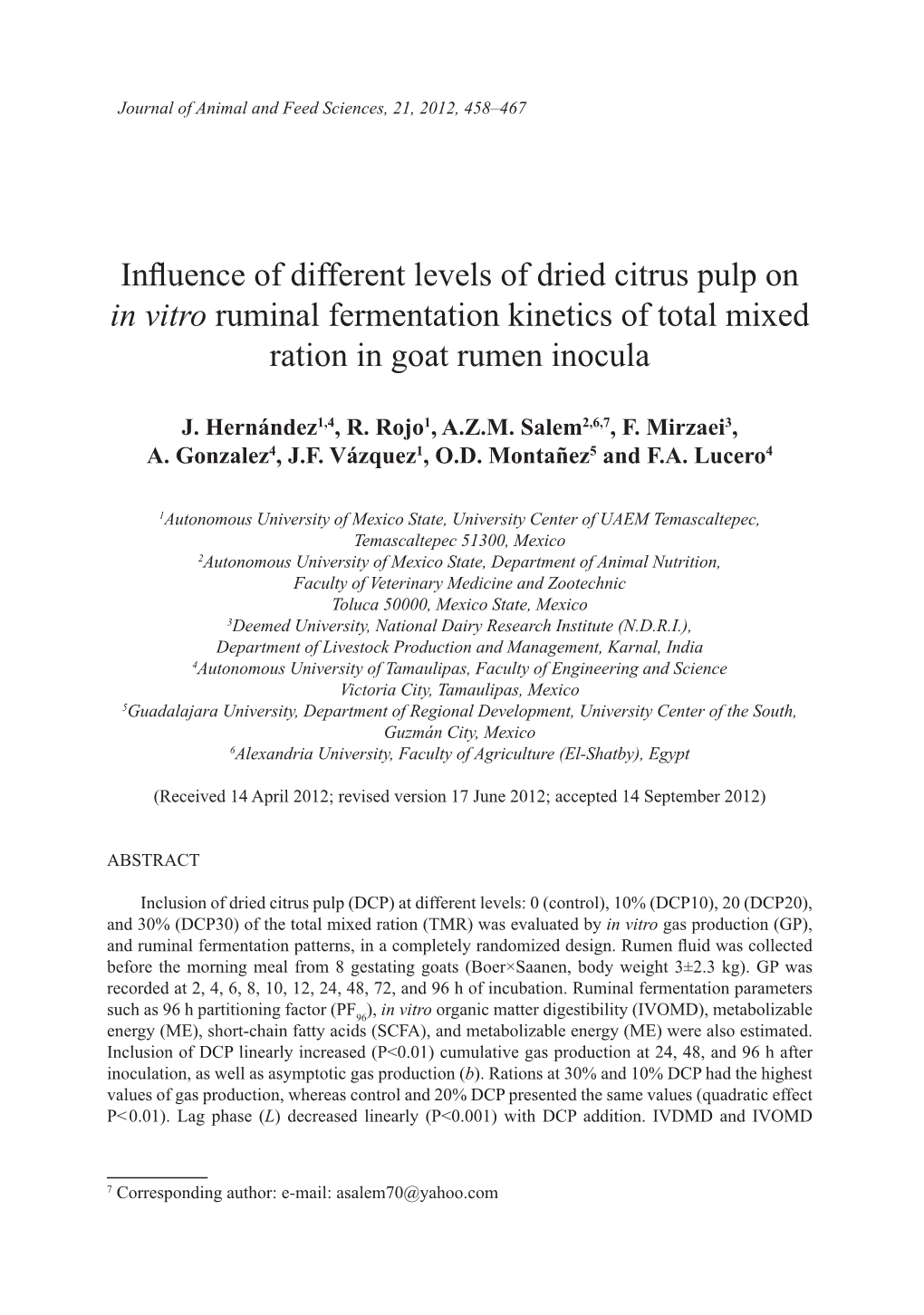 Influence of Different Levels of Dried Citrus Pulp on in Vitro Ruminal Fermentation Kinetics of Total Mixed Ration in Goat Rumen Inocula
