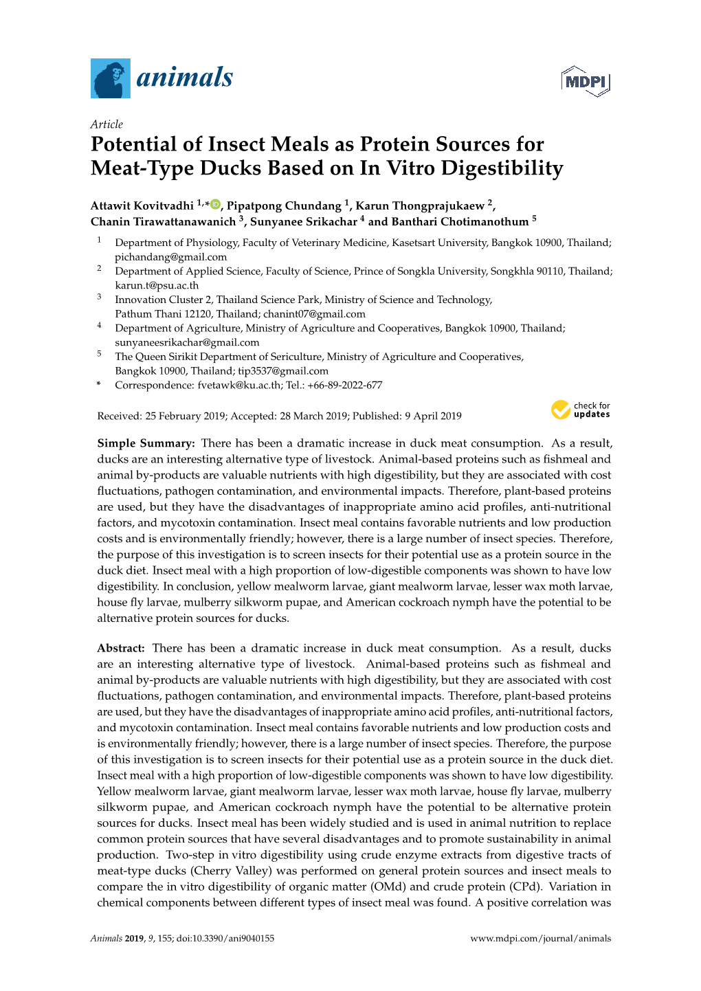 Potential of Insect Meals As Protein Sources for Meat-Type Ducks Based on in Vitro Digestibility