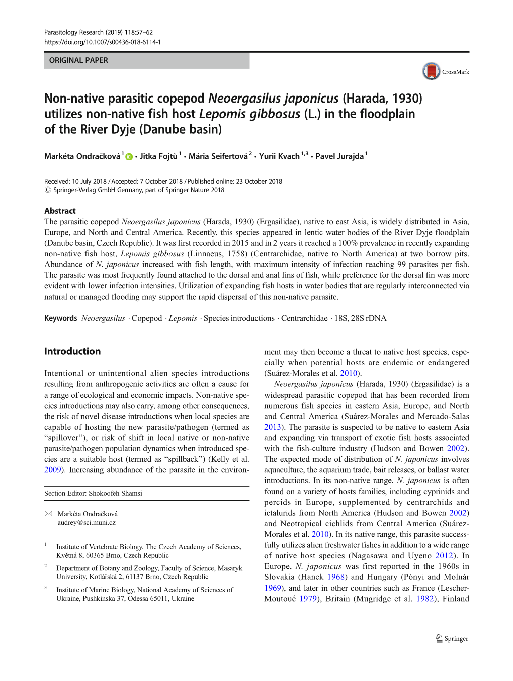 Non-Native Parasitic Copepod Neoergasilus Japonicus (Harada