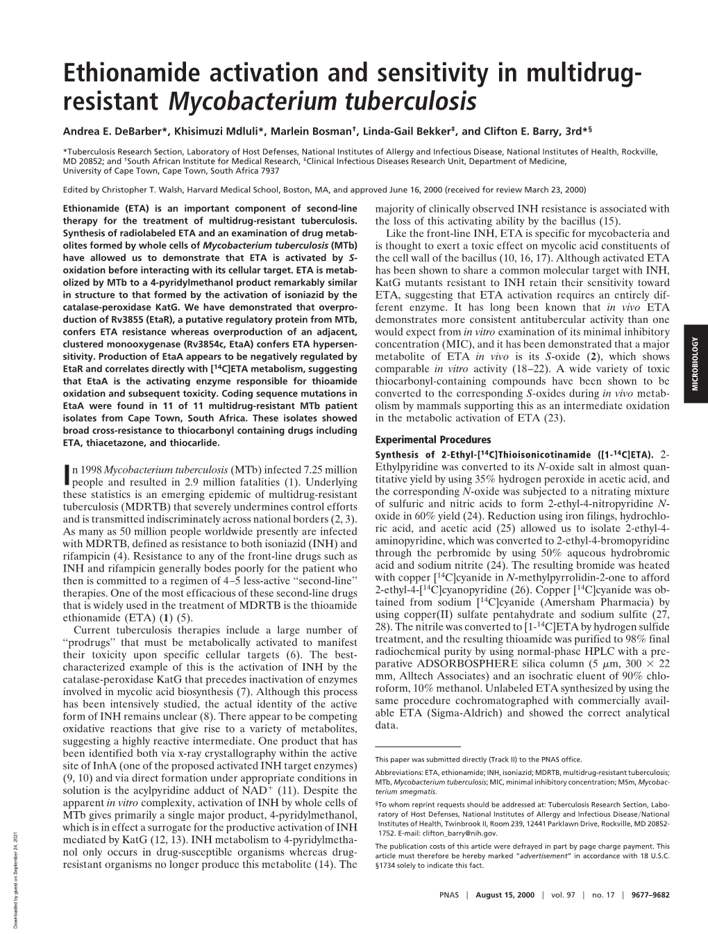 Ethionamide Activation and Sensitivity in Multidrug- Resistant Mycobacterium Tuberculosis