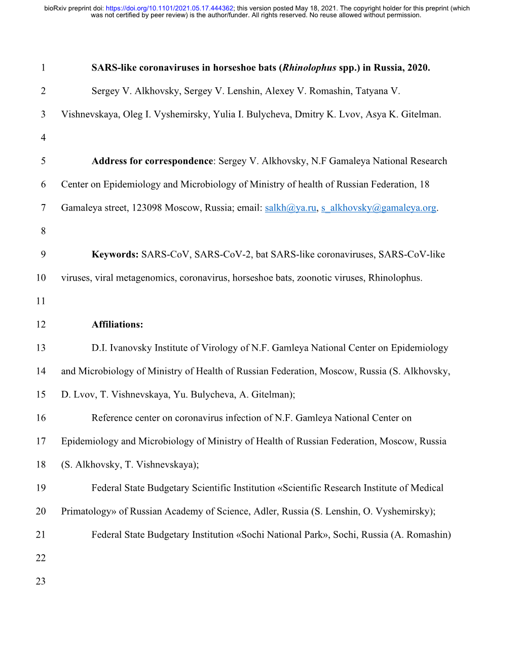 SARS-Like Coronaviruses in Horseshoe Bats (Rhinolophus Spp.) in Russia, 2020