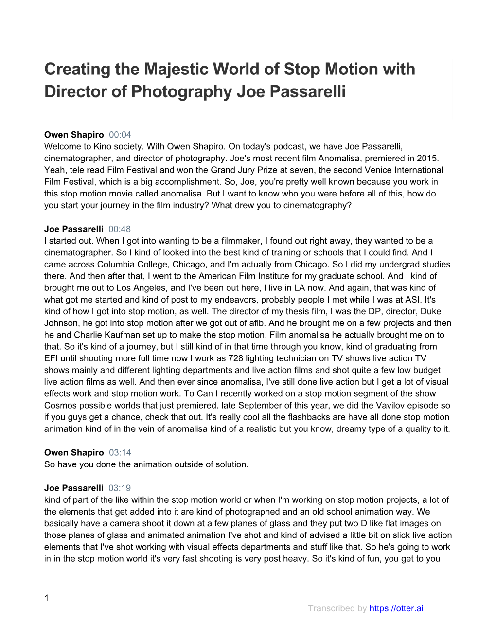 Creating the Majestic World of Stop Motion with Director of Photography Joe Passarelli