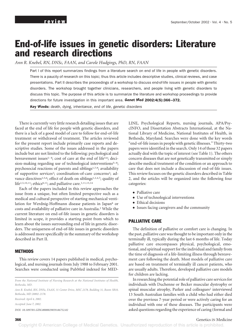 End-Of-Life Issues in Genetic Disorders: Literature and Research Directions Ann R