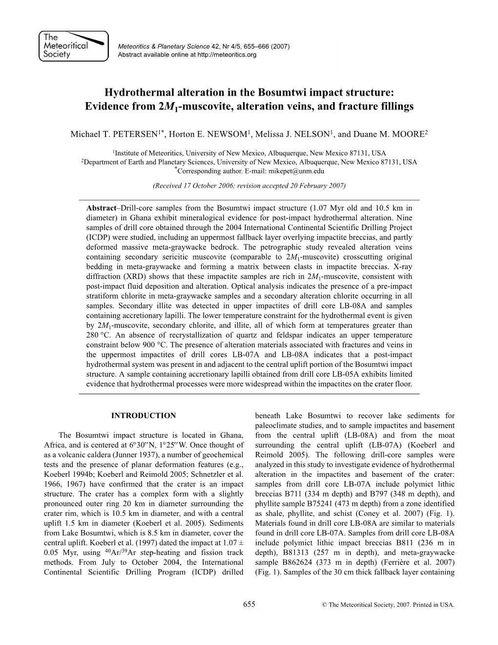 Hydrothermal Alteration in the Bosumtwi Impact Structure: Evidence from 2M1-Muscovite, Alteration Veins, and Fracture Fillings