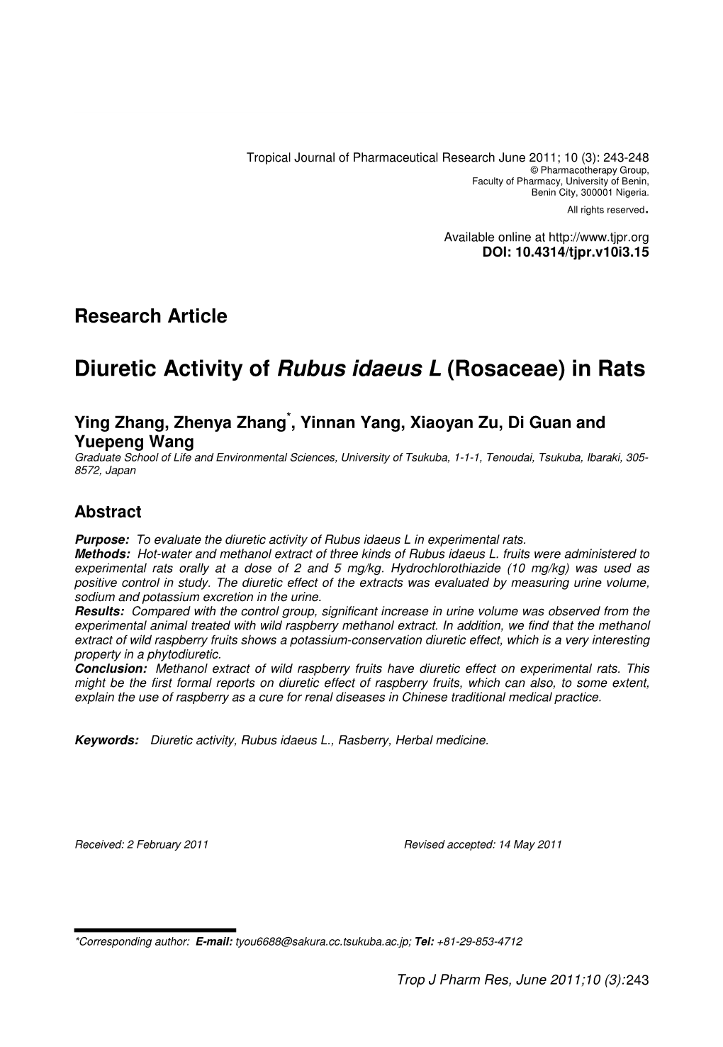 Diuretic Activity of Rubus Idaeus L (Rosaceae) in Rats