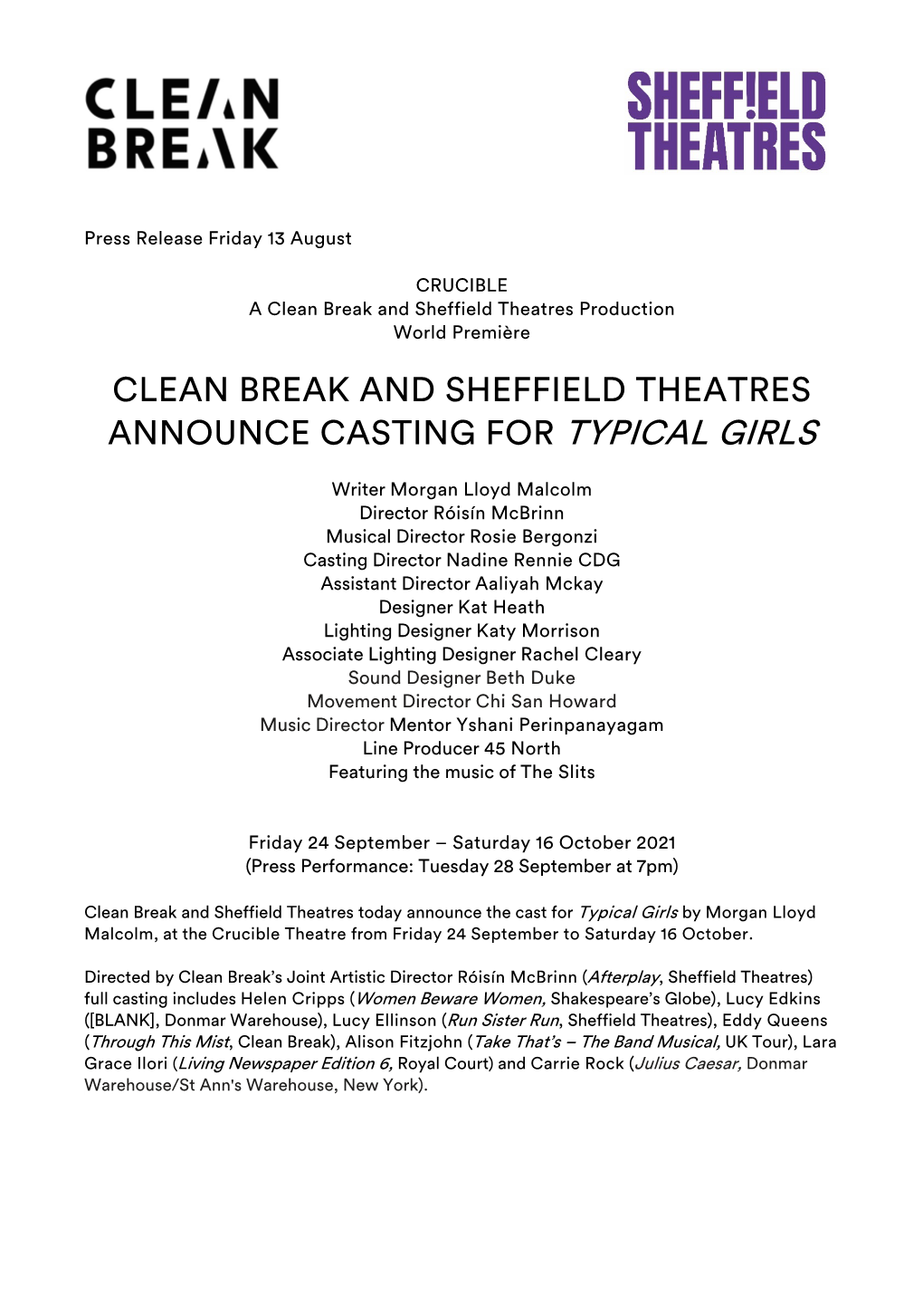 Clean Break and Sheffield Theatres Announce Casting for Typical Girls