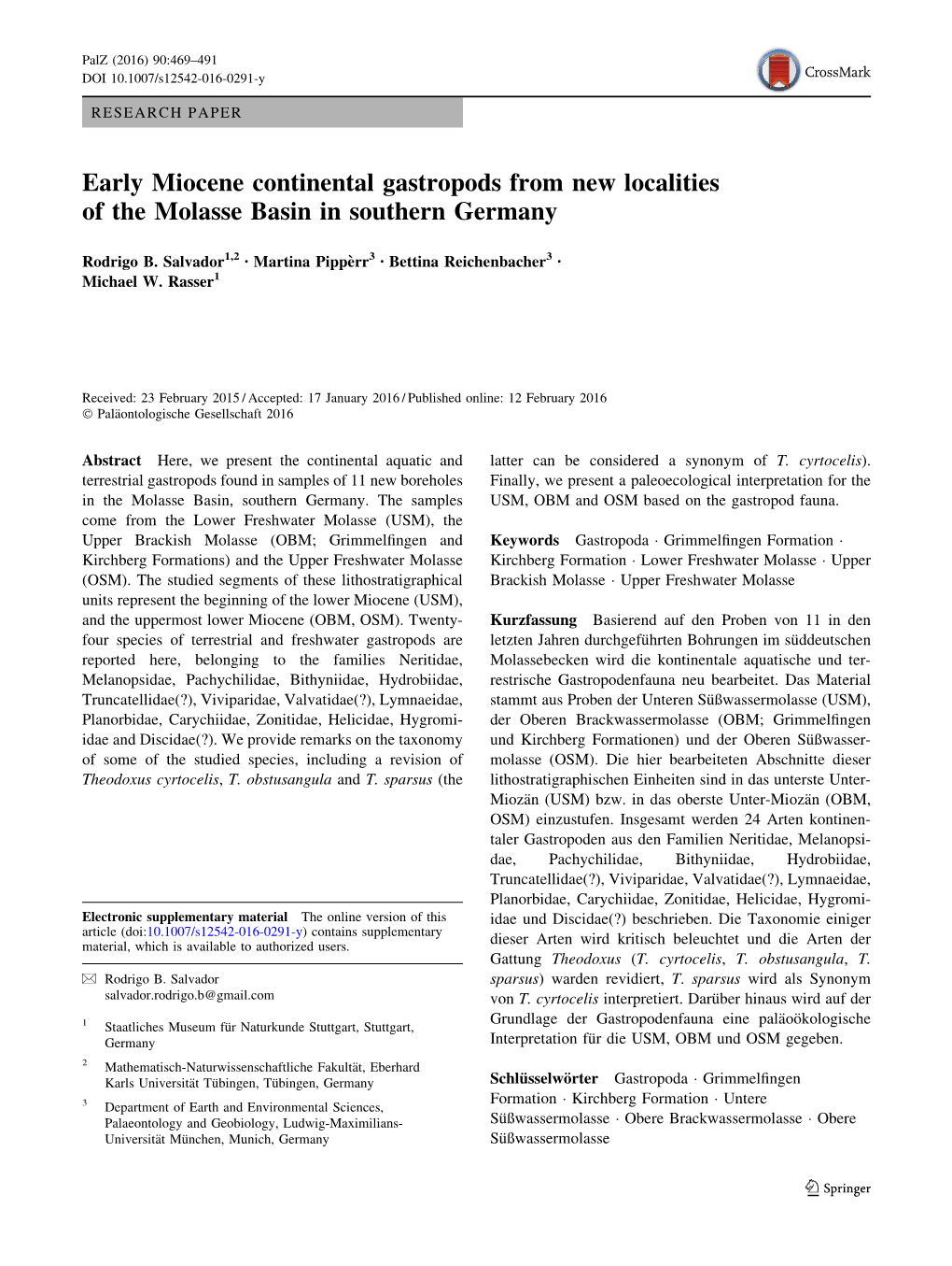 Early Miocene Continental Gastropods from New Localities of the Molasse Basin in Southern Germany