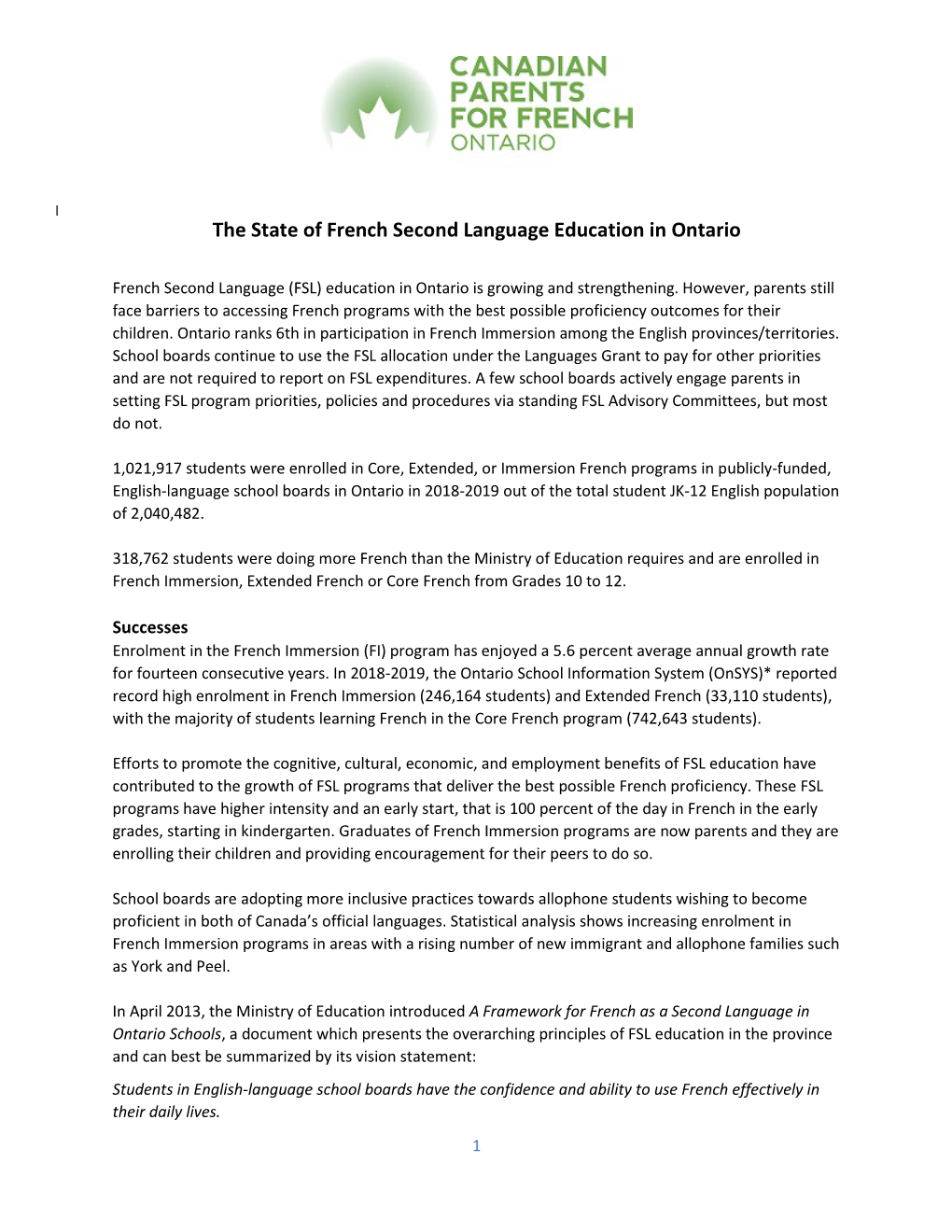 The State of French Second Language (FSL) Education in Ontario - DocsLib