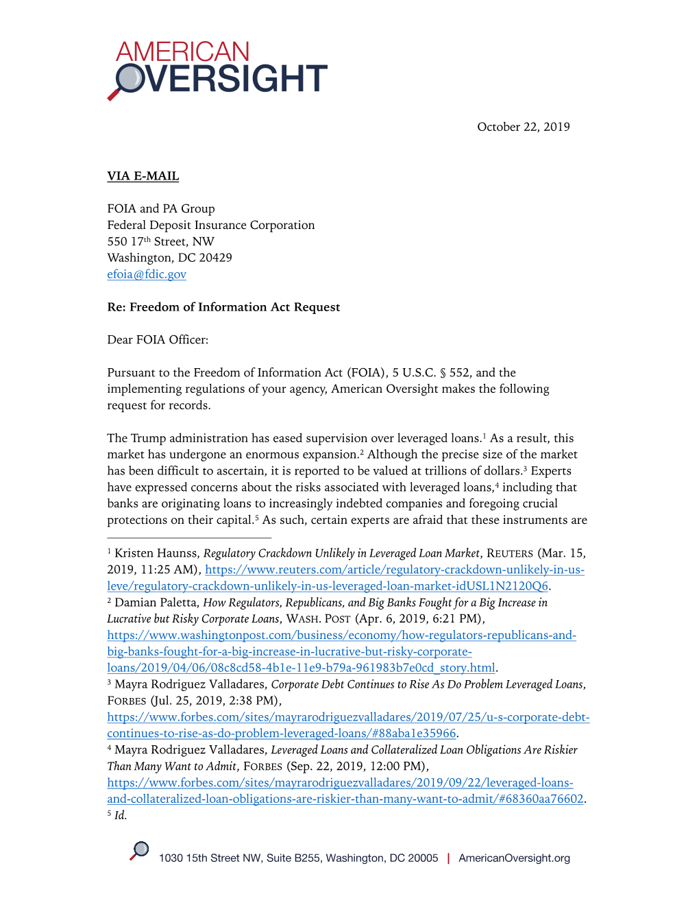 October 22, 2019 VIA E-MAIL FOIA and PA Group Federal Deposit