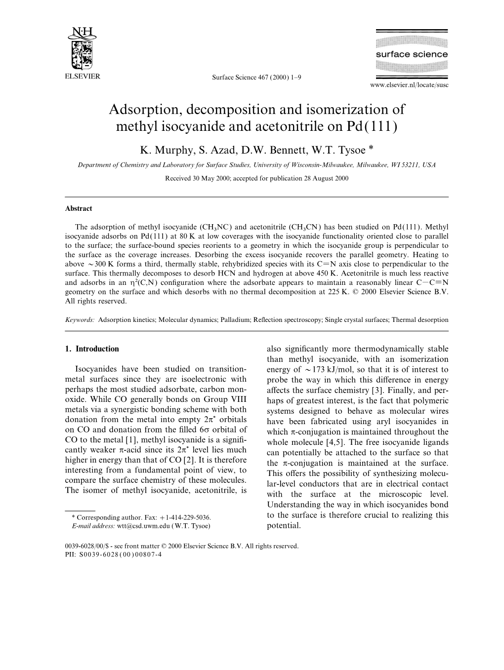 Adsorption, Decomposition and Isomerization of Methyl Isocyanide and Acetonitrile on Pd(111)