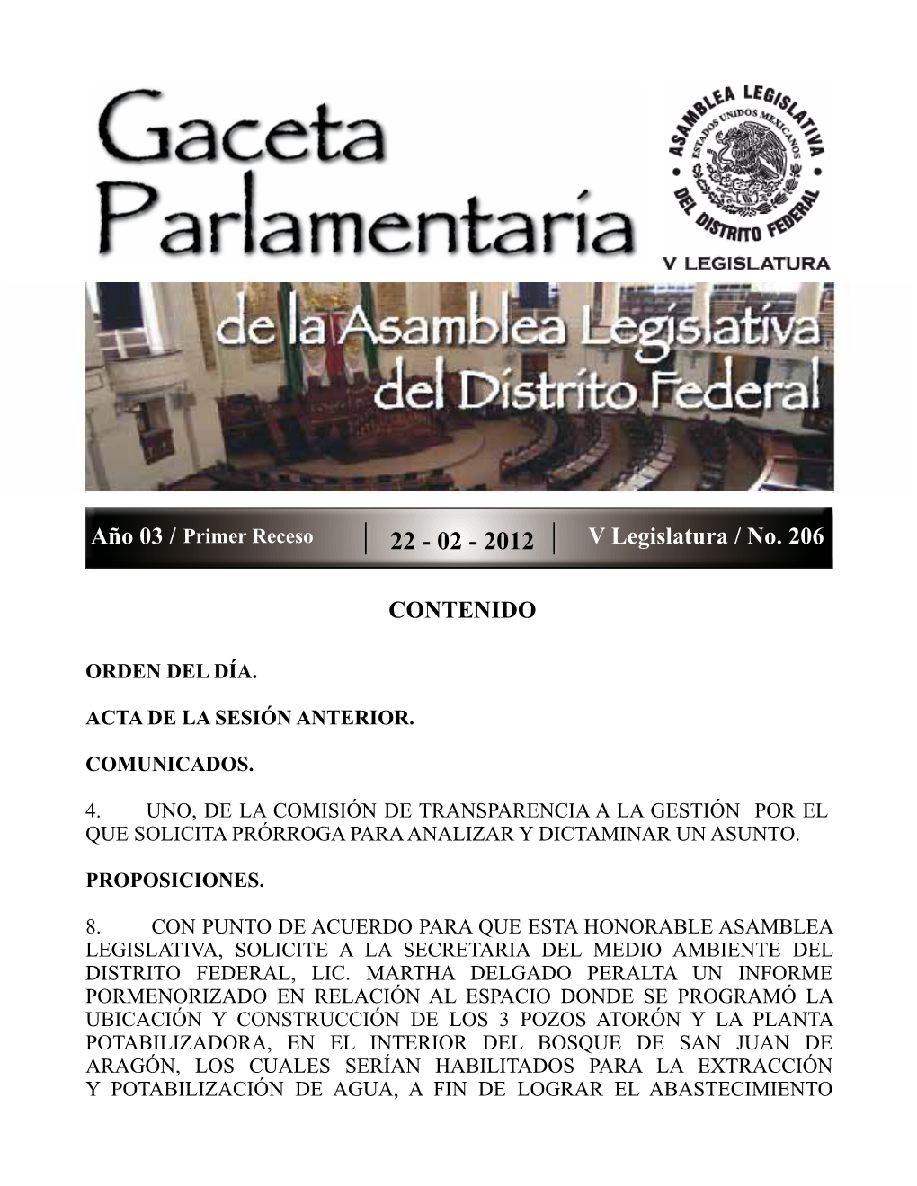 Año 03 / V Legislatura / No. 206 CONTENIDO -.::Asamblea