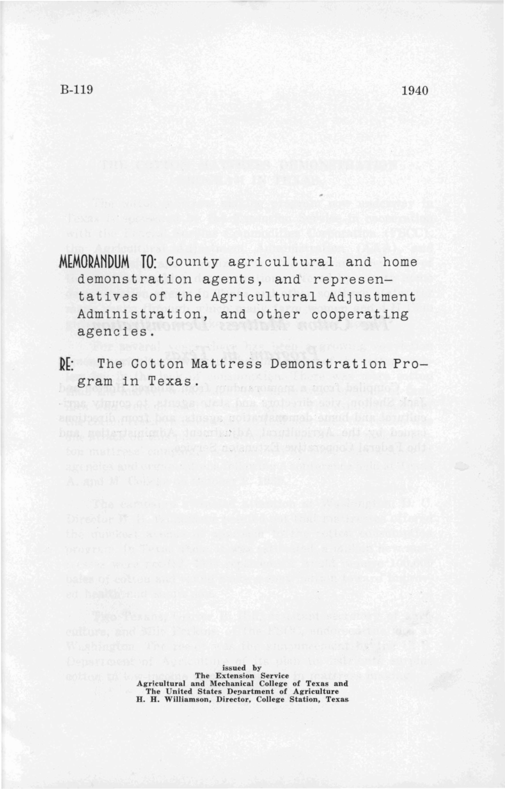 M[MO~ANDUM TO: County Agricultural and Home Demonstration Agents, and Represen- Tatives of the Agricultural Adjustment Administration, and Other Cooperating Agencies