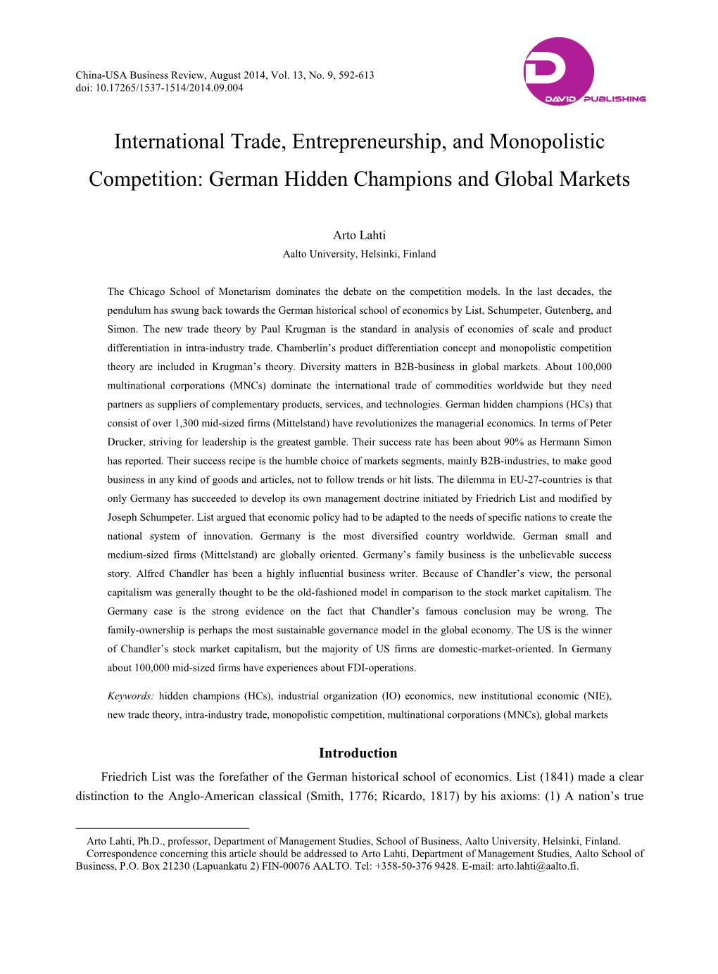 International Trade, Entrepreneurship, and Monopolistic Competition: German Hidden Champions and Global Markets