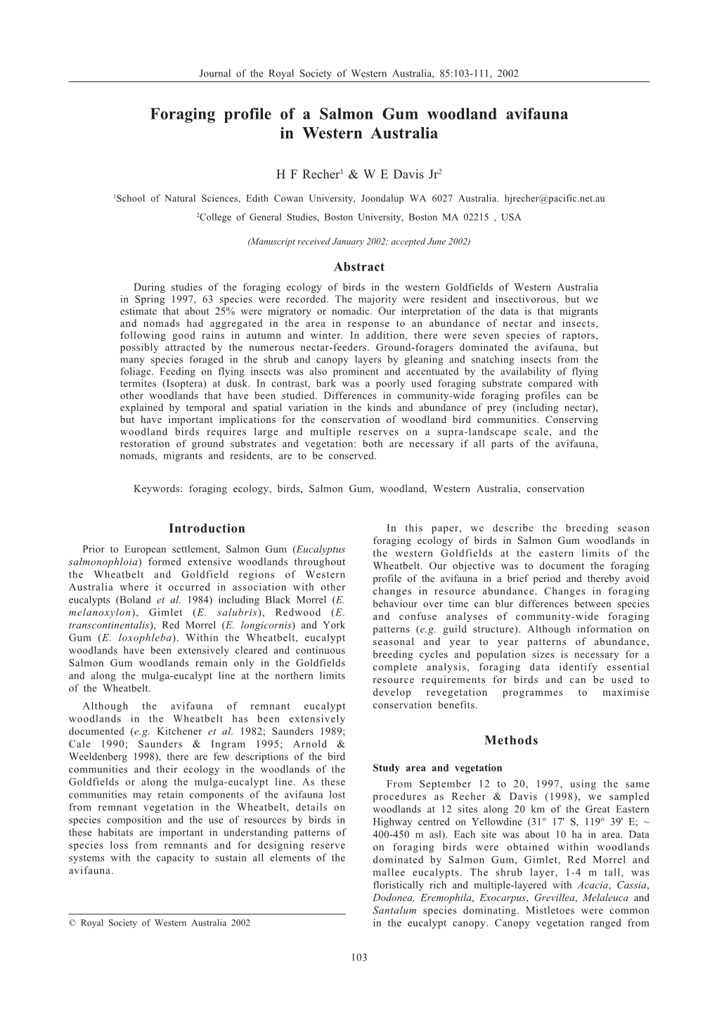 Foraging Profile of a Salmon Gum Woodland Avifauna in Western Australia