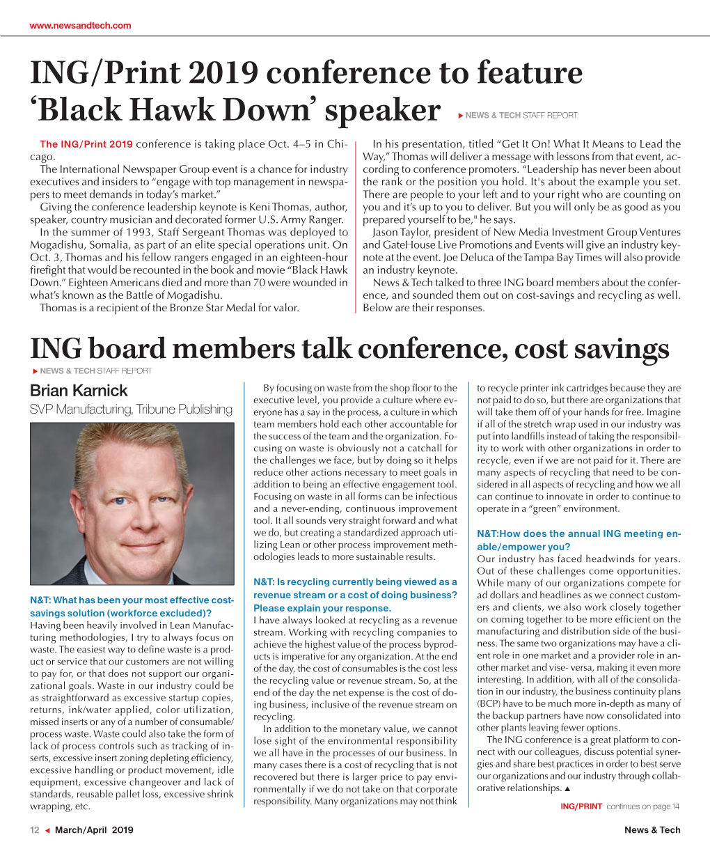Black Hawk Down’ Speaker U News & Tech Staff Report the ING/Print 2019 Conference Is Taking Place Oct