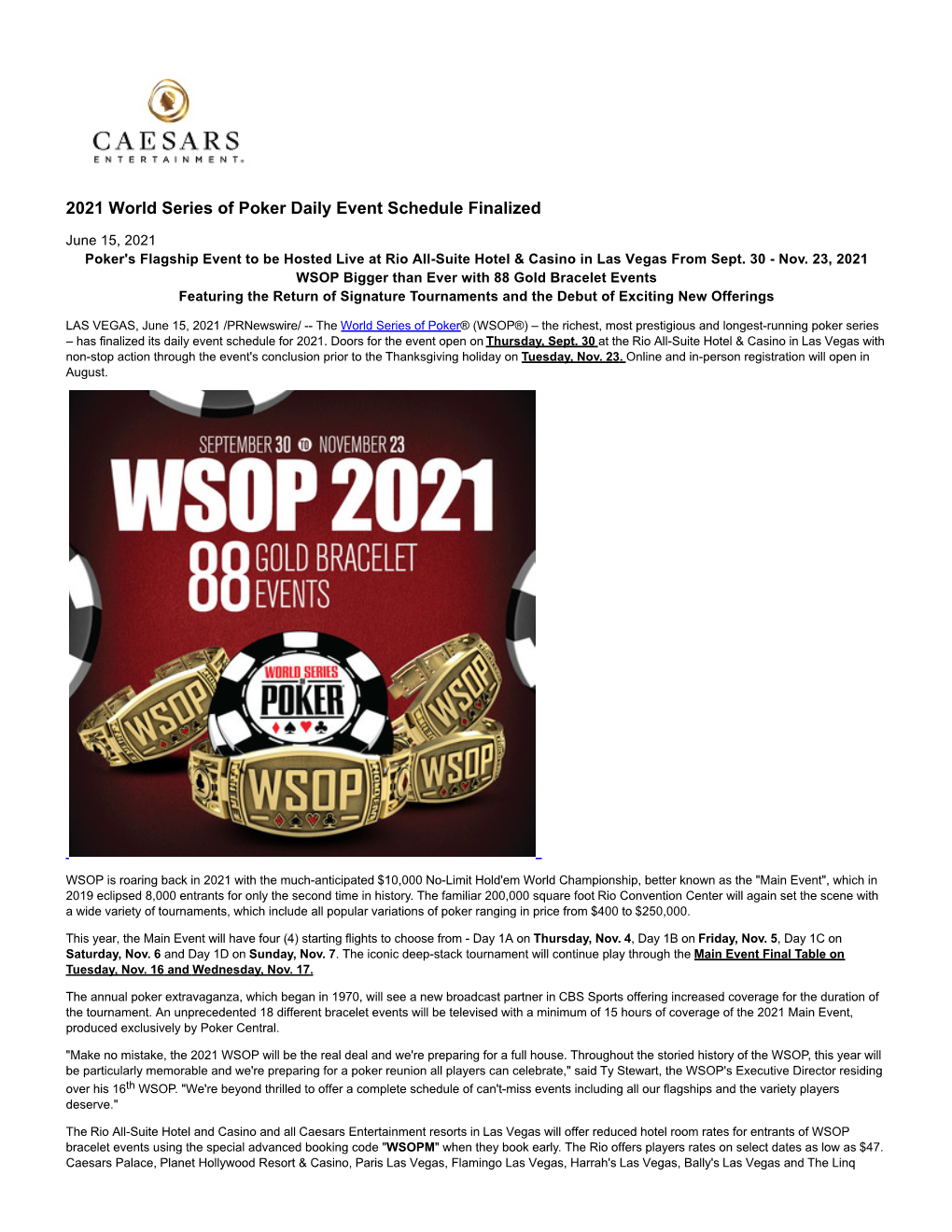 2021 World Series of Poker Daily Event Schedule Finalized