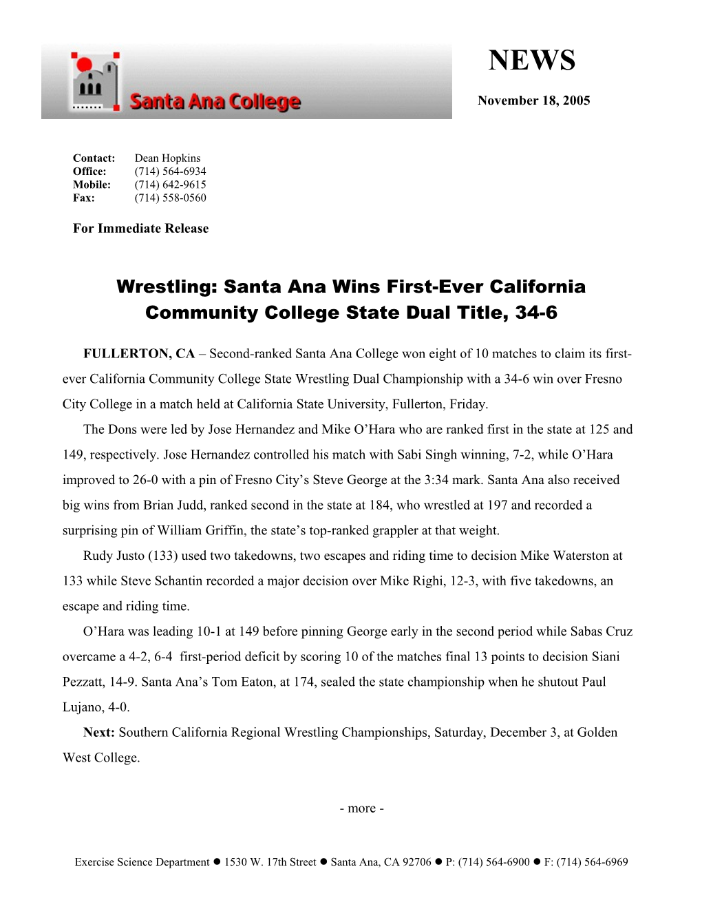 Wrestling: Santa Ana Wins First-Ever California Community College State Dual Title, 34-6