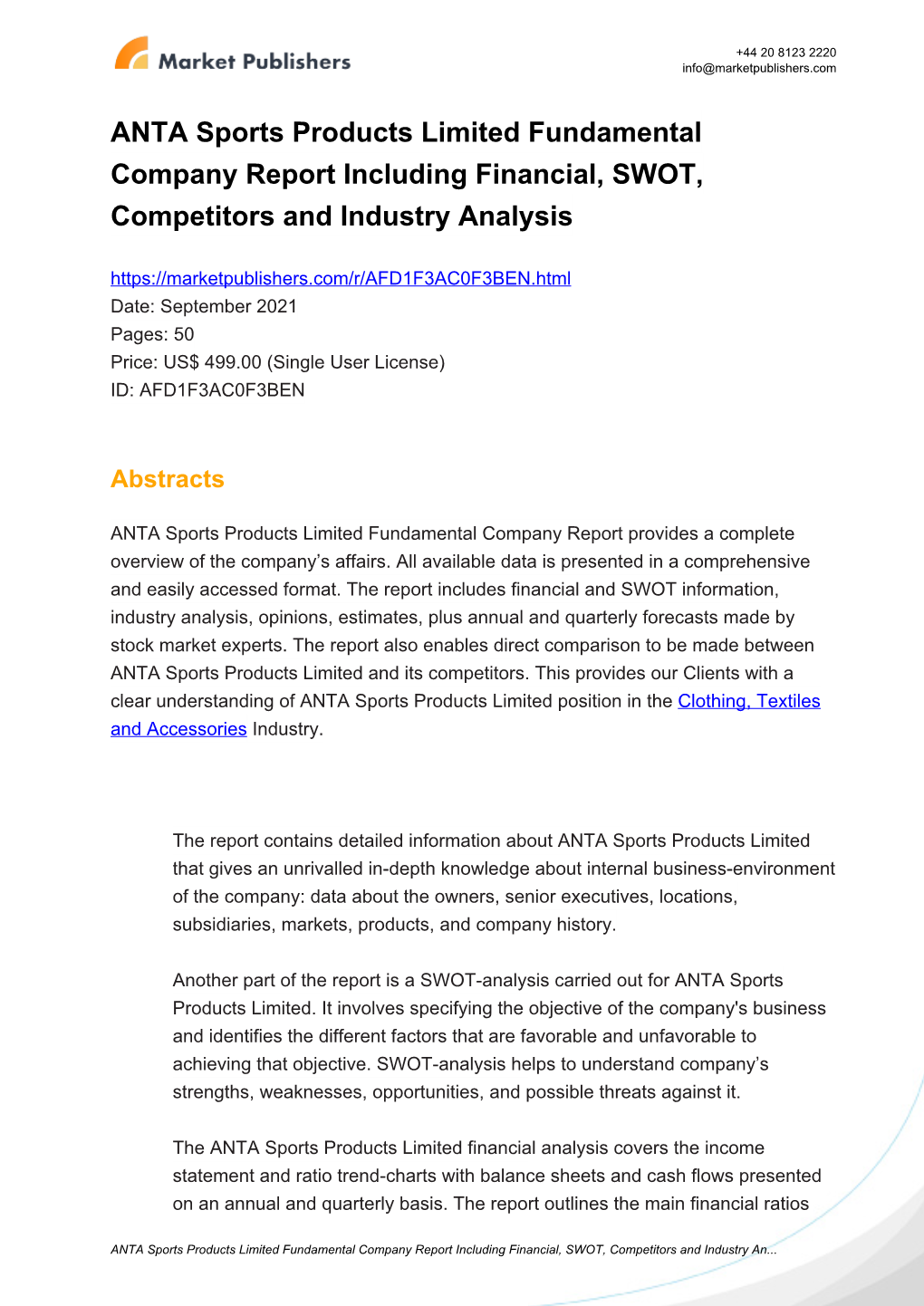 ANTA Sports Products Limited Fundamental Company Report Including Financial, SWOT, Competitors and Industry Analysis