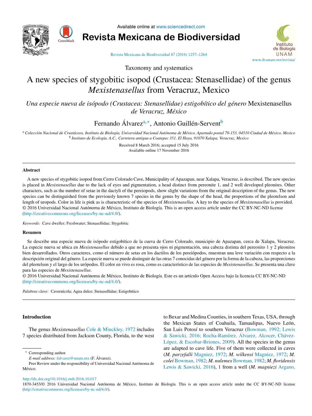 A New Species of Stygobitic Isopod (Crustacea: Stenasellidae) of the Genus Mexistenasellus from Veracruz, Mexico