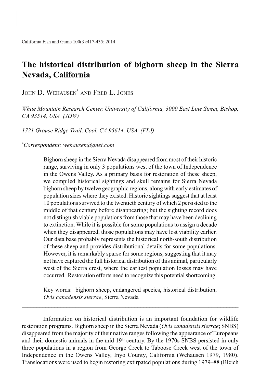 The Historical Distribution of Bighorn Sheep in the Sierra Nevada, California