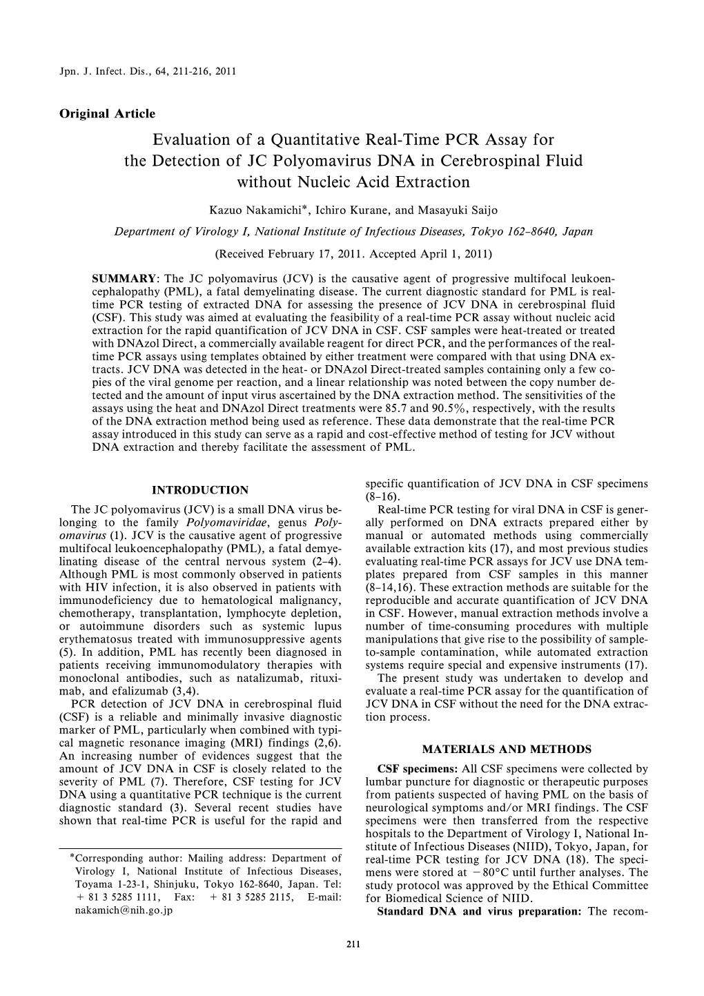 Evaluation of a Quantitative Real-Time PCR Assay for the Detection of JC Polyomavirus DNA in Cerebrospinal Fluid Without Nucleic Acid Extraction