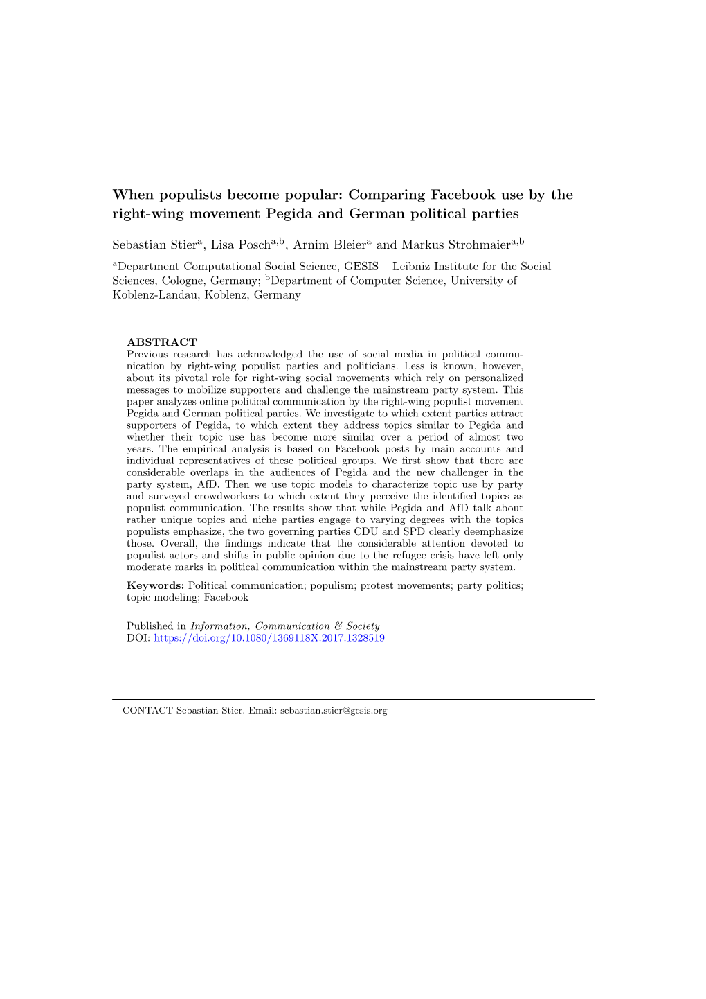 Comparing Facebook Use by the Right-Wing Movement Pegida and German Political Parties