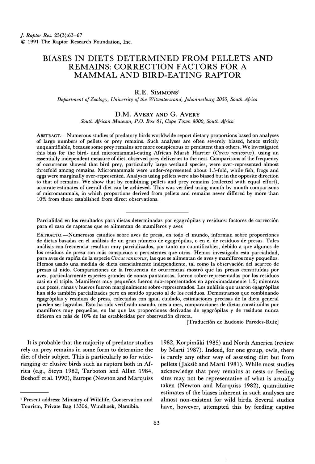 Biases in Diets Determined from Pellets and Remains: Correction Factors for a Mammal and Bird-Eating Raptor