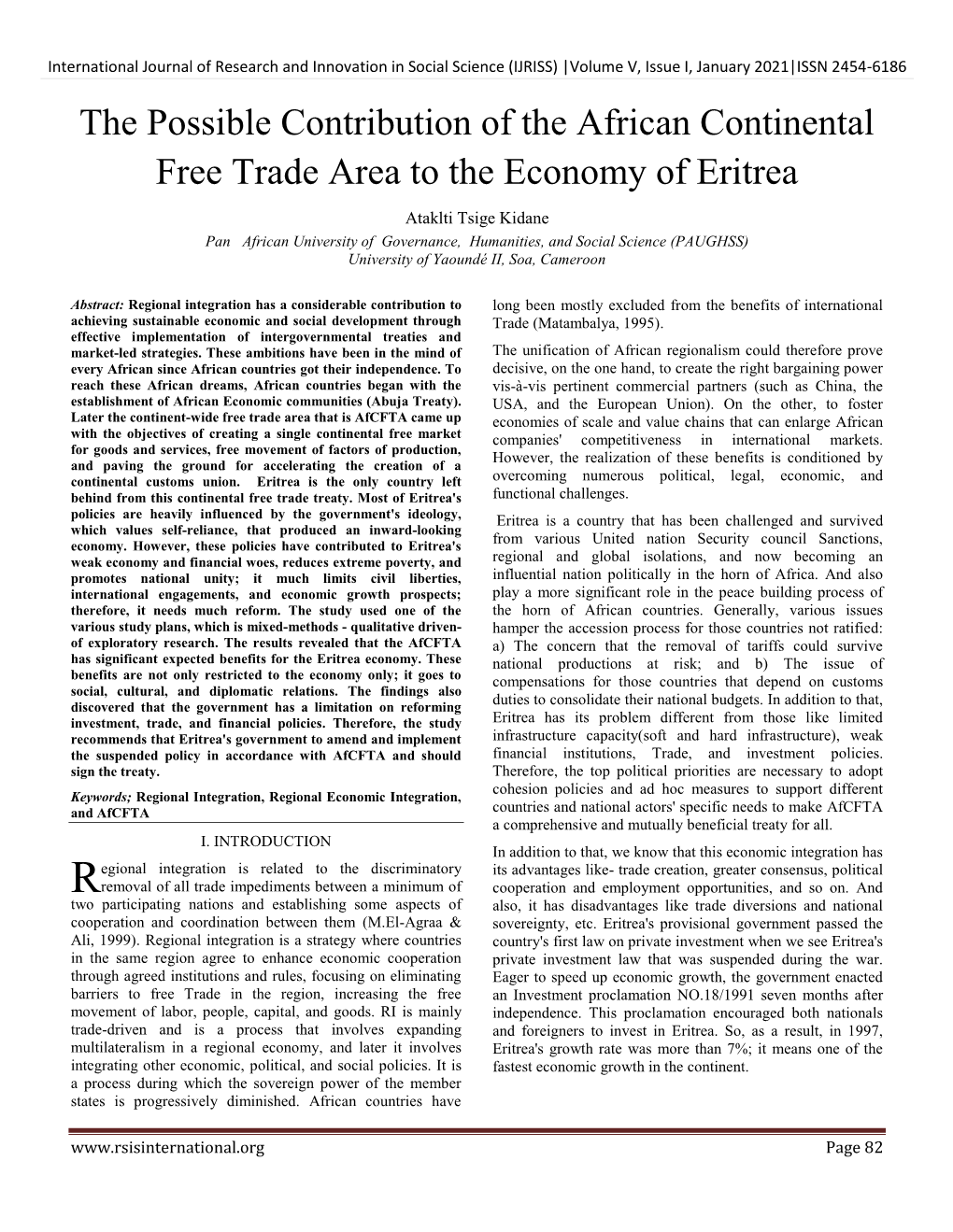 The Possible Contribution of the African Continental Free Trade Area to the Economy of Eritrea